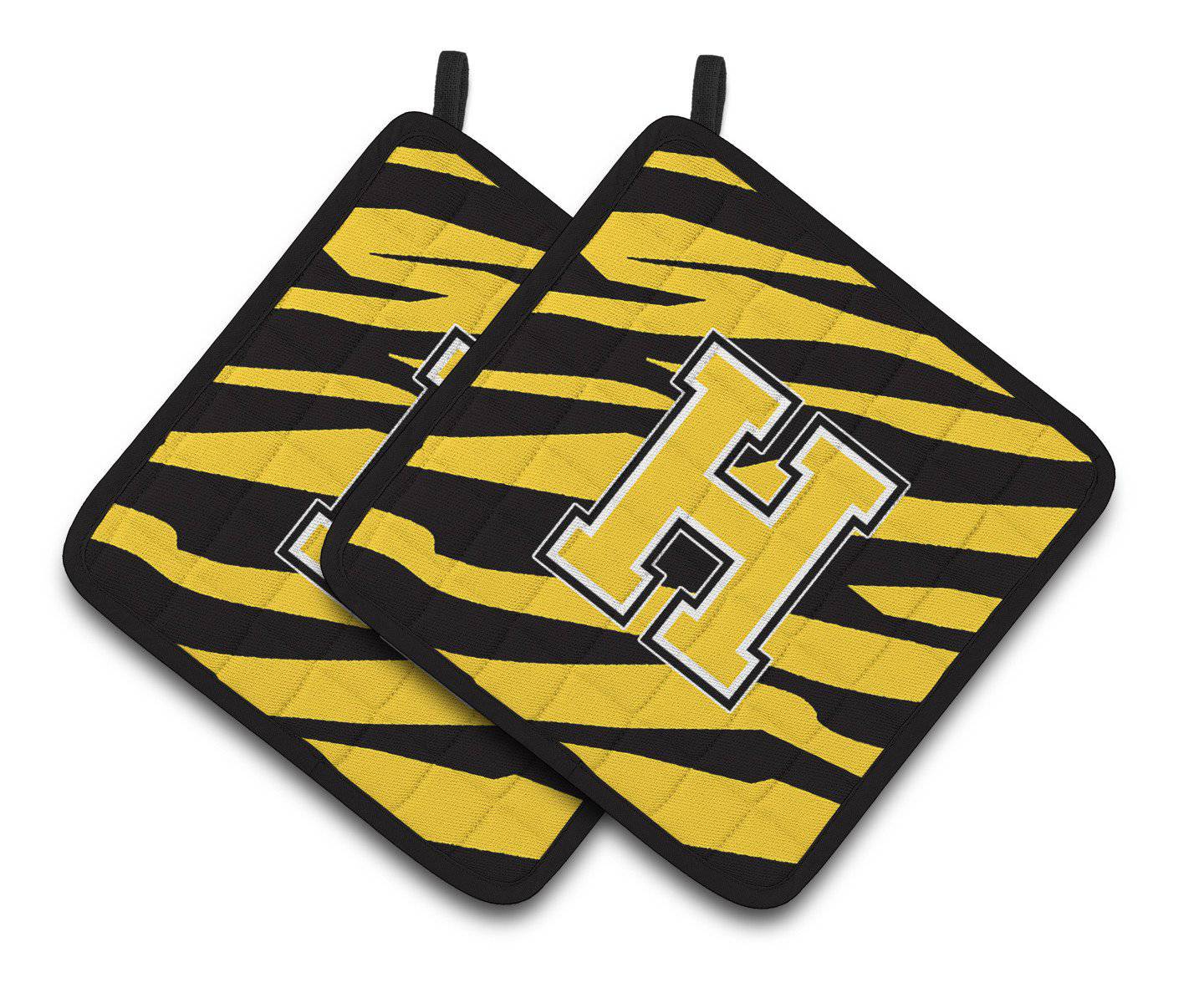 Monogram Initial H Tiger Stripe - Black Gold Pair of Pot Holders CJ1026-HPTHD - the-store.com