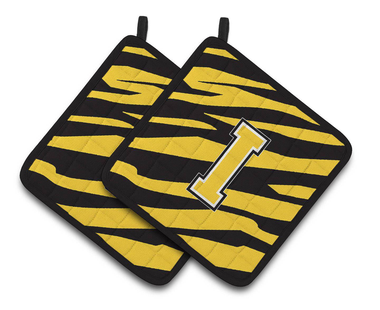 Monogram Initial I Tiger Stripe - Black Gold Pair of Pot Holders CJ1026-IPTHD - the-store.com