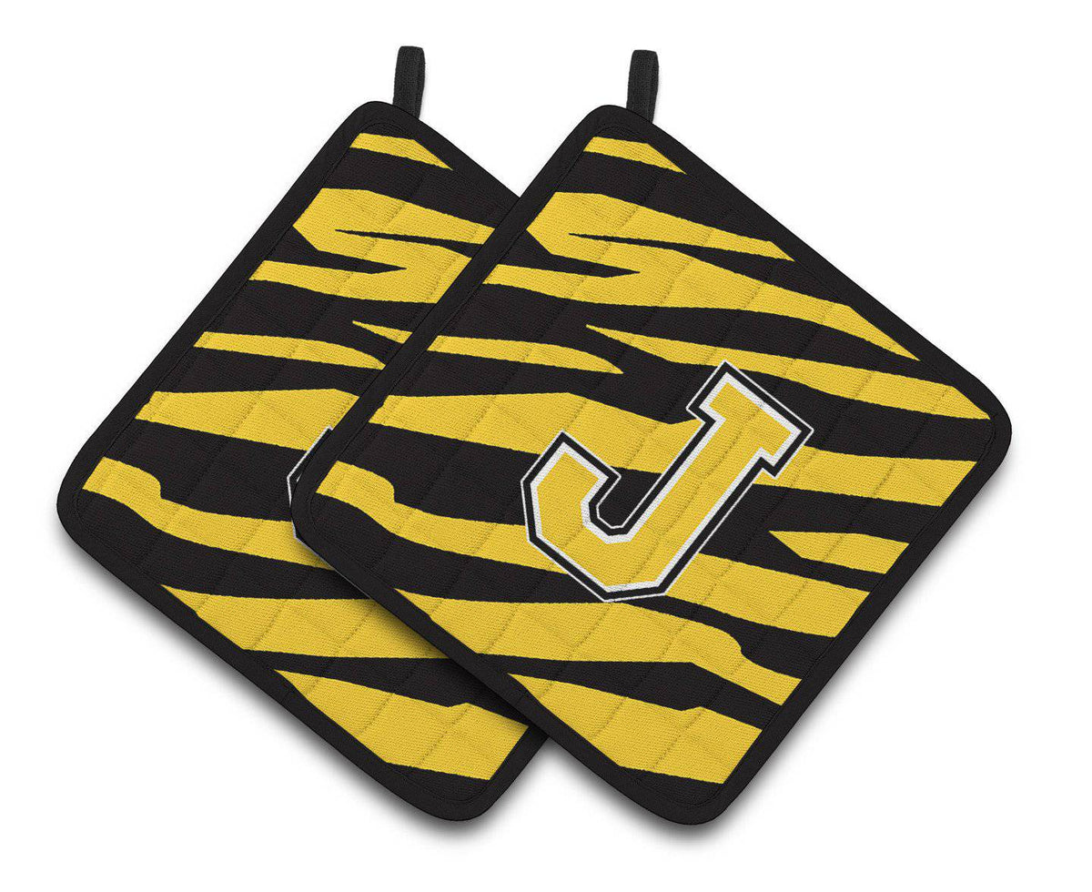 Monogram Initial J Tiger Stripe - Black Gold Pair of Pot Holders CJ1026-JPTHD - the-store.com