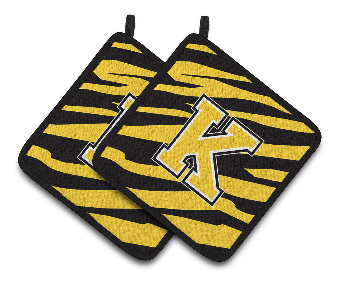 Monogram Initial K Tiger Stripe - Black Gold Pair of Pot Holders CJ1026-KPTHD - the-store.com