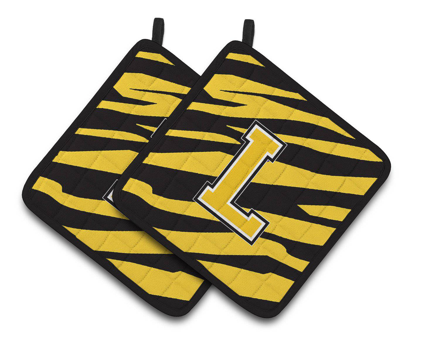 Monogram Initial L Tiger Stripe - Black Gold Pair of Pot Holders CJ1026-LPTHD - the-store.com