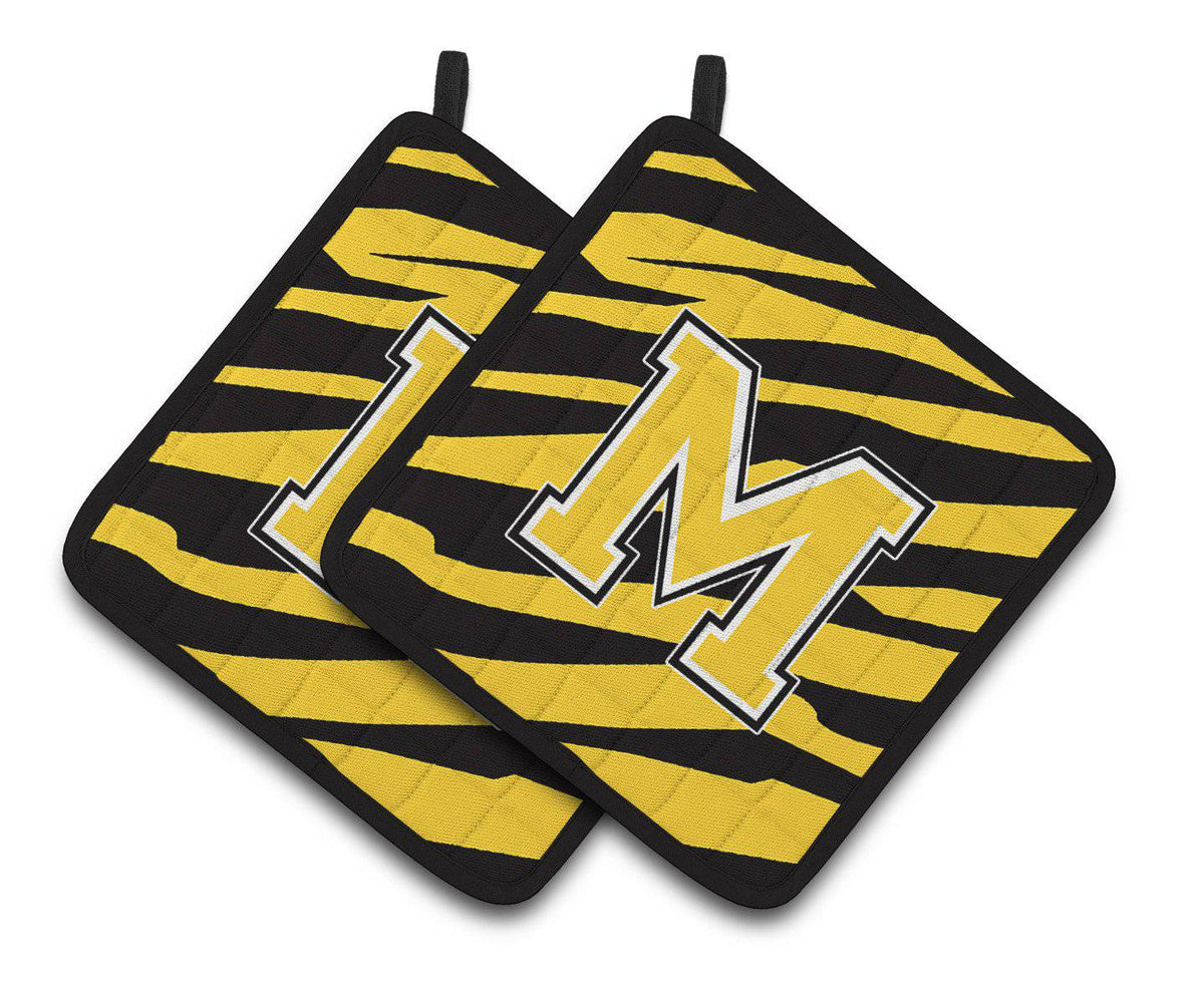 Monogram Initial M Tiger Stripe - Black Gold Pair of Pot Holders CJ1026-MPTHD - the-store.com
