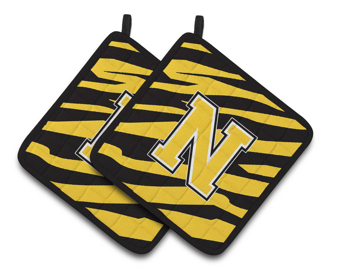 Monogram Initial N Tiger Stripe - Black Gold Pair of Pot Holders CJ1026-NPTHD - the-store.com