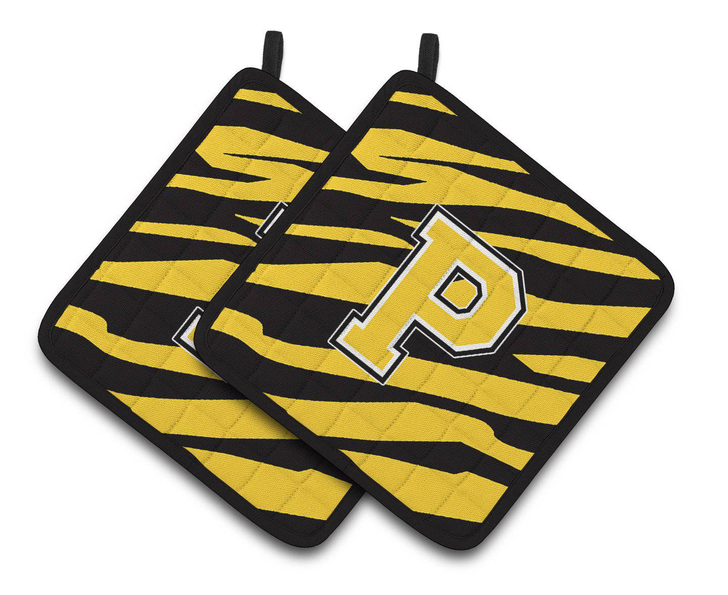 Monogram Initial P Tiger Stripe - Black Gold Pair of Pot Holders CJ1026-PPTHD - the-store.com