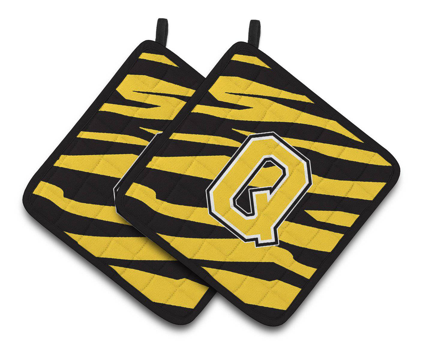 Monogram Initial Q Tiger Stripe - Black Gold Pair of Pot Holders CJ1026-QPTHD - the-store.com