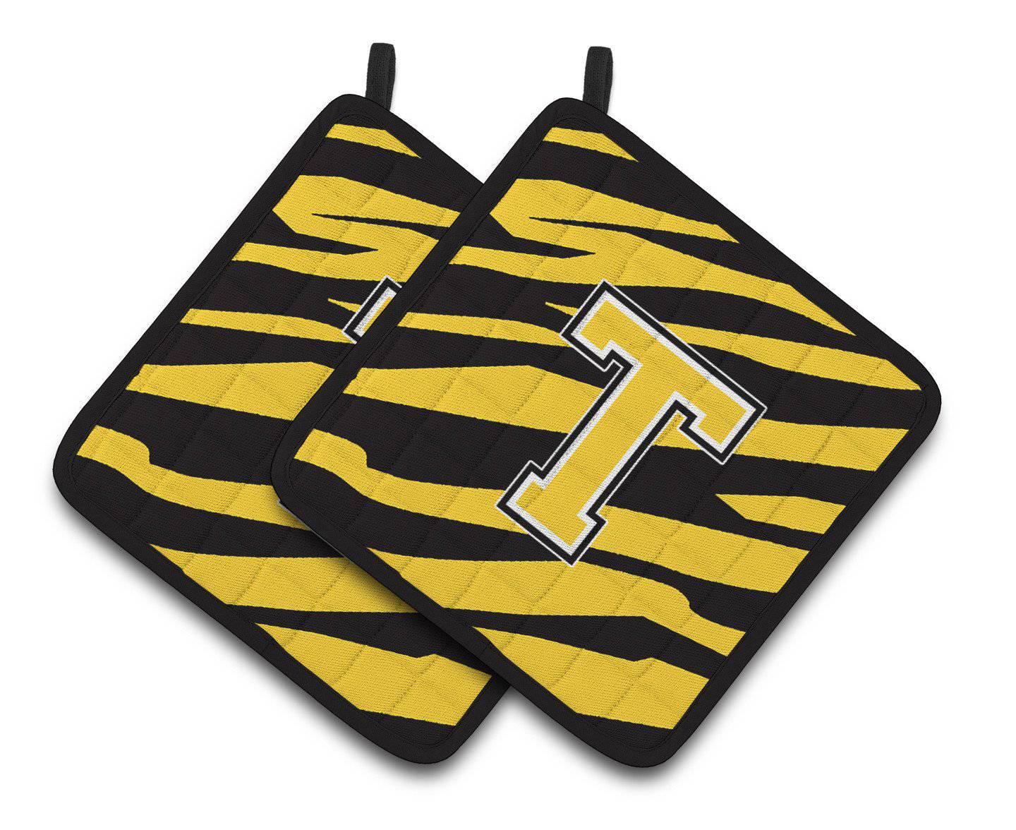 Monogram Initial T Tiger Stripe - Black Gold Pair of Pot Holders CJ1026-TPTHD - the-store.com