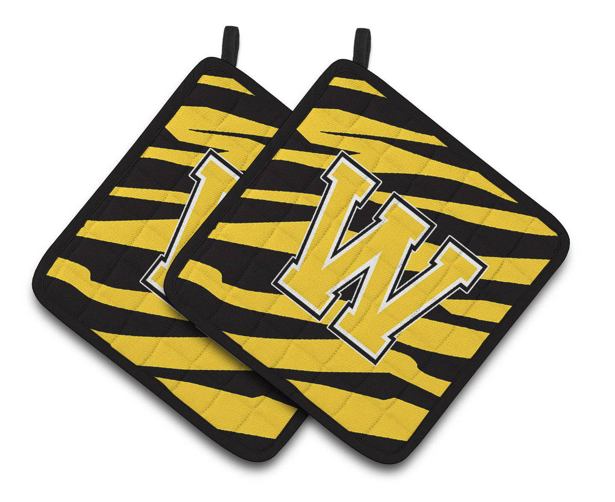 Monogram Initial W Tiger Stripe - Black Gold Pair of Pot Holders CJ1026-WPTHD - the-store.com