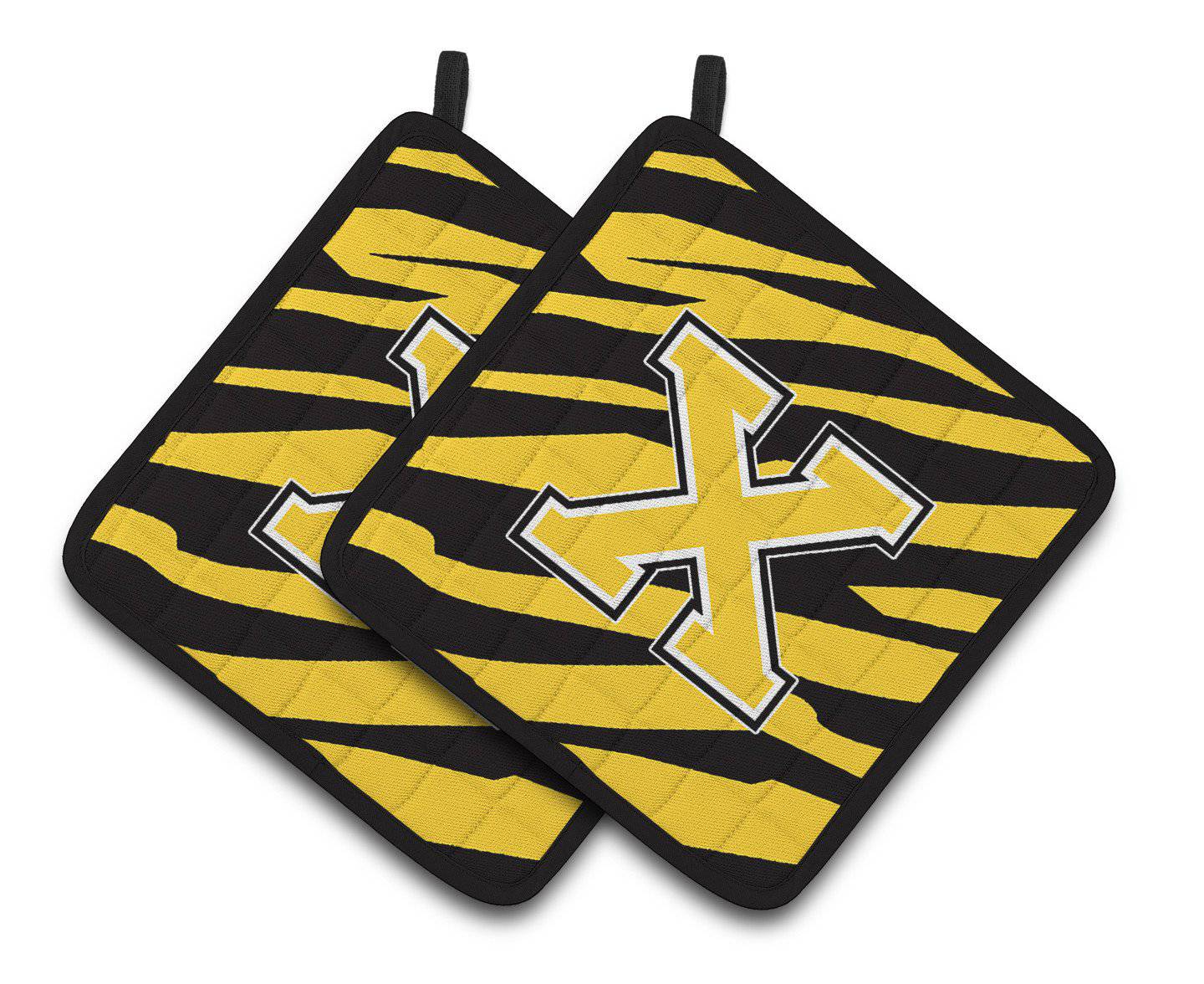Monogram Initial X Tiger Stripe - Black Gold Pair of Pot Holders CJ1026-XPTHD - the-store.com