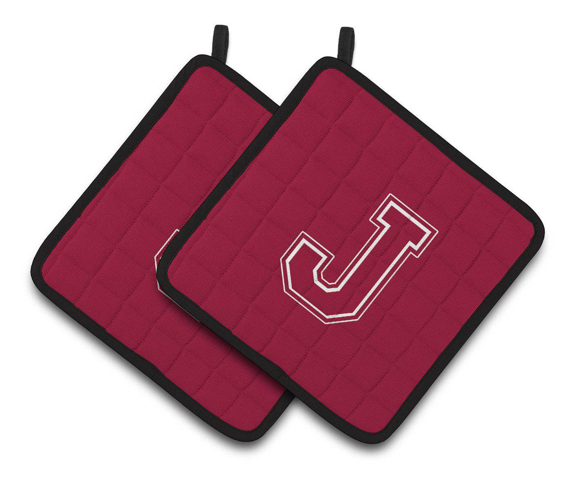 Monogram Initial J Maroon and White  Pair of Pot Holders CJ1032-JPTHD - the-store.com