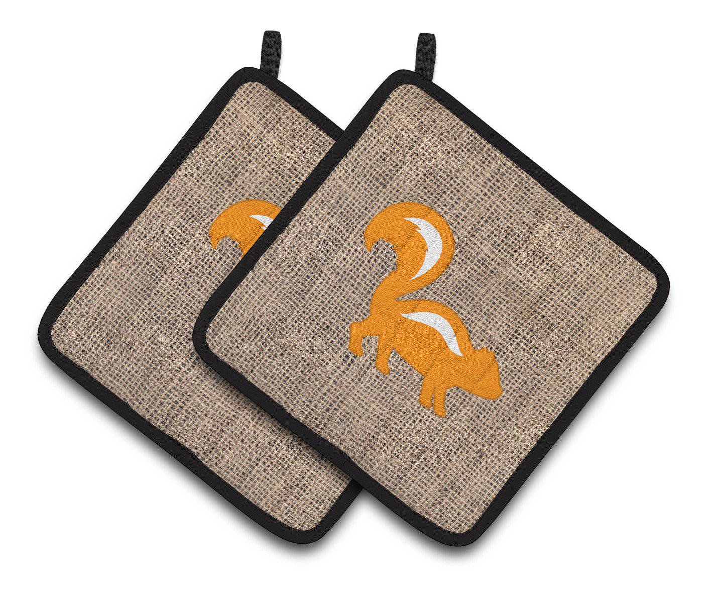 Skunk Faux Burlap and Orange   Pair of Pot Holders BB1125-BL-OR-PTHD - the-store.com