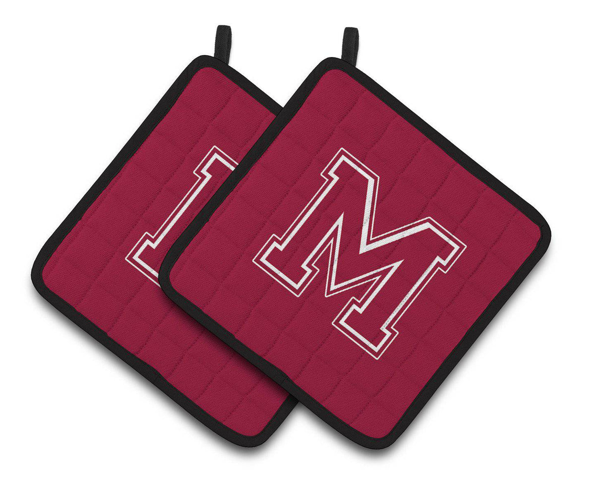 Monogram Initial M Maroon and White  Pair of Pot Holders CJ1032-MPTHD - the-store.com