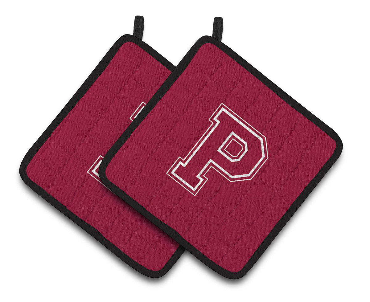 Monogram Initial P Maroon and White  Pair of Pot Holders CJ1032-PPTHD - the-store.com
