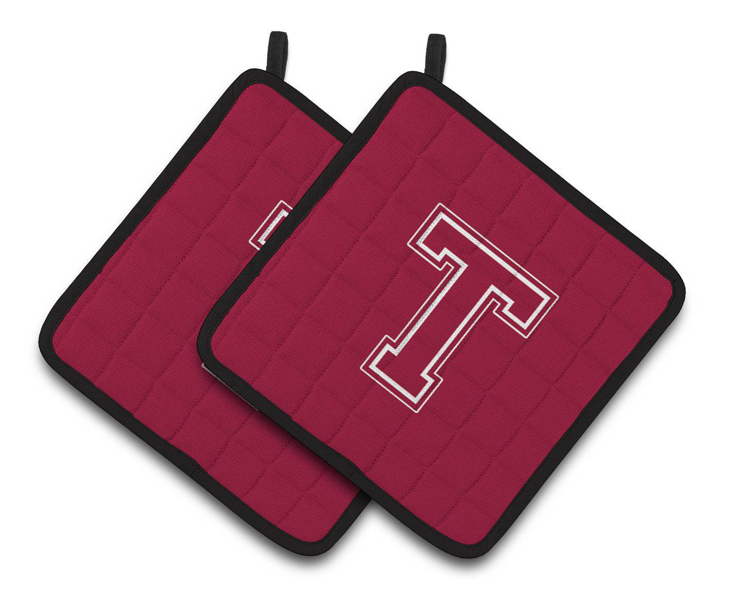 Monogram Initial T Maroon and White  Pair of Pot Holders CJ1032-TPTHD - the-store.com