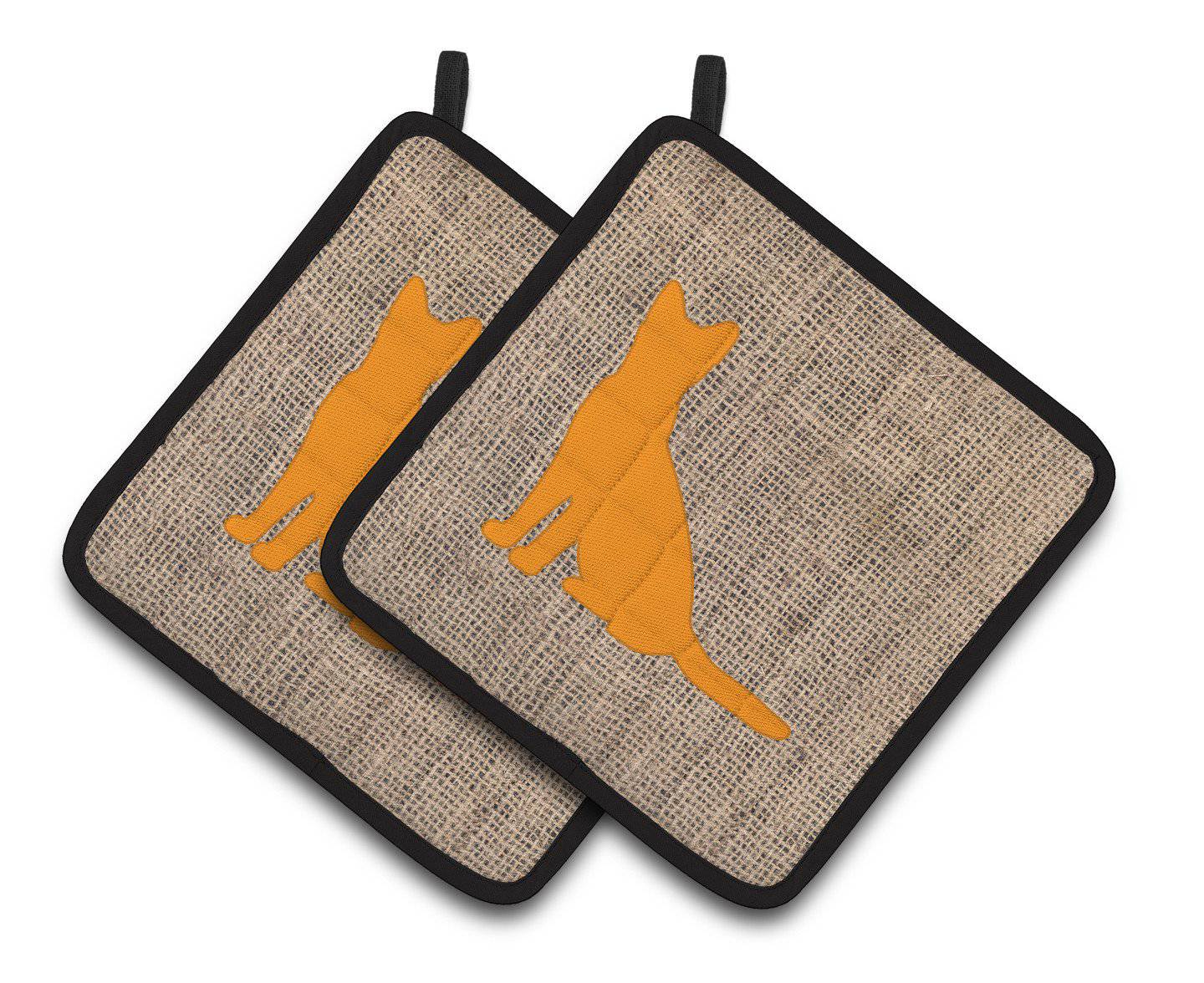 Cat Faux Burlap and Orange   Pair of Pot Holders BB1071-BL-OR-PTHD - the-store.com
