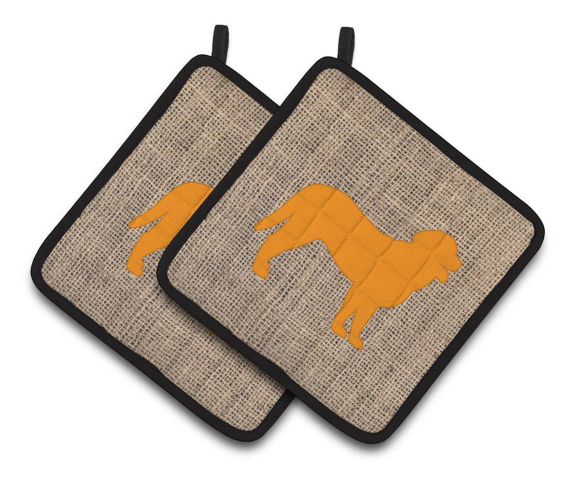 Curly Coated Retriever Faux Burlap and Orange  Pair of Pot Holders BB1074-BL-OR-PTHD - the-store.com