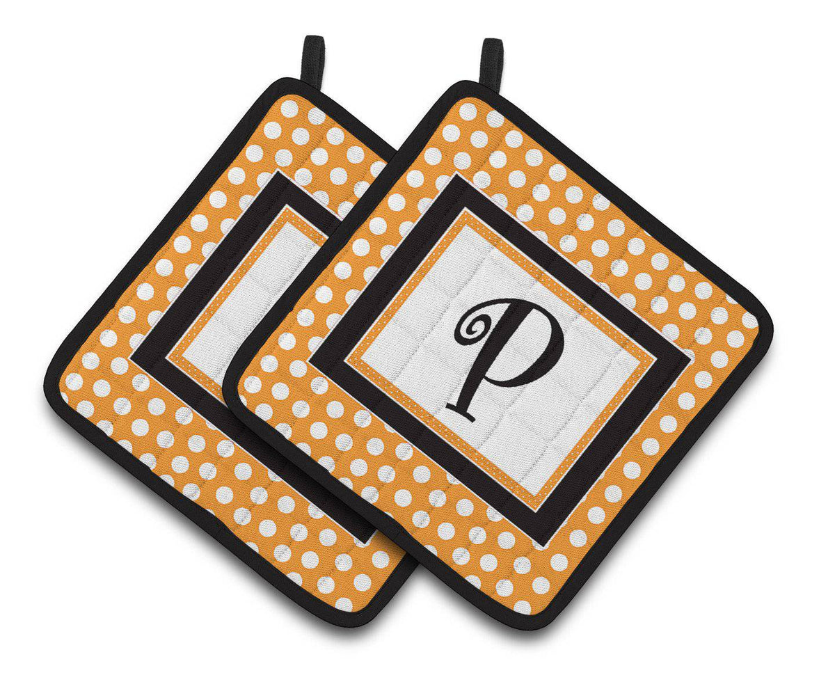 Monogram Initial P Orange Polkadots  Pair of Pot Holders CJ1033-PPTHD - the-store.com