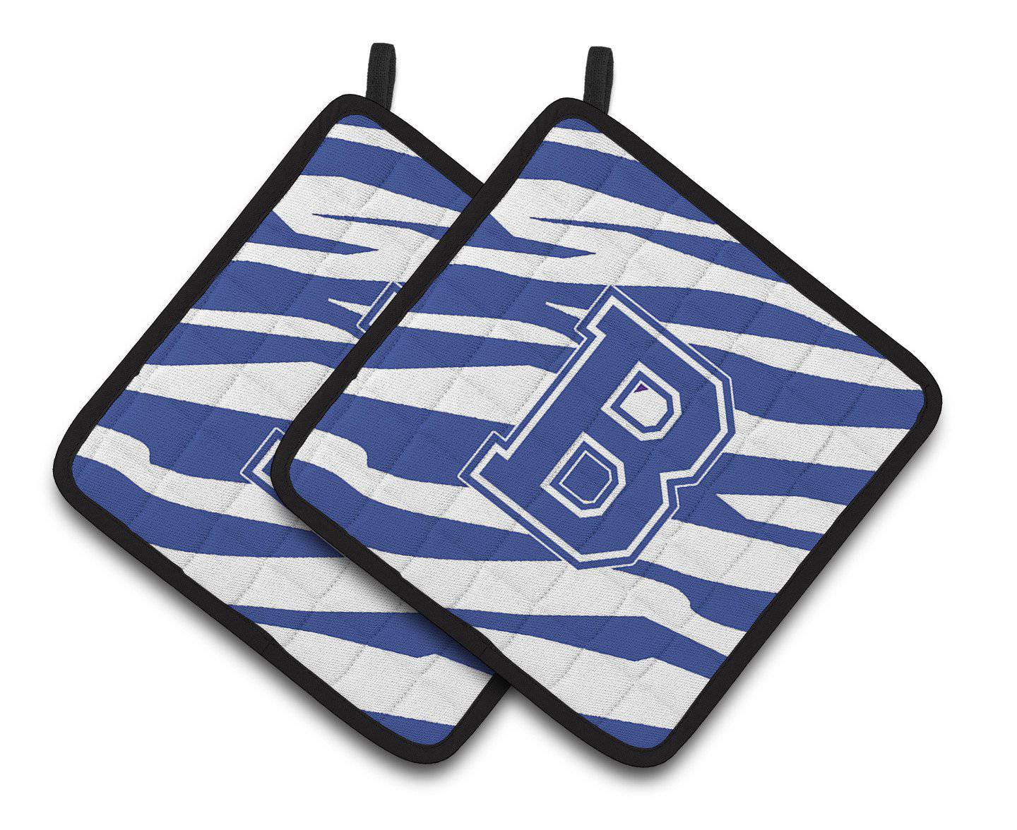 Monogram Initial B Tiger Stripe Blue and White Pair of Pot Holders CJ1034-BPTHD - the-store.com