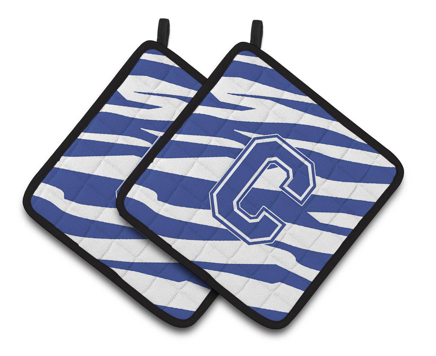 Monogram Initial C Tiger Stripe Blue and White Pair of Pot Holders CJ1034-CPTHD - the-store.com