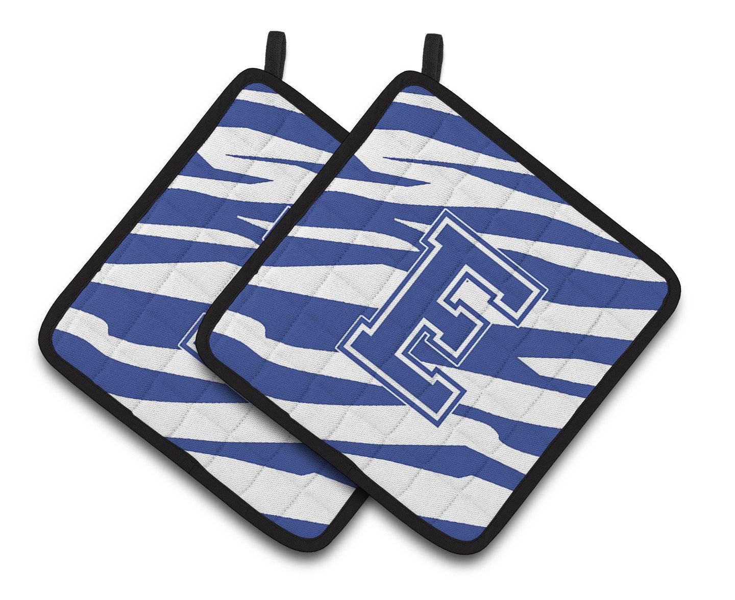 Monogram Initial E Tiger Stripe Blue and White Pair of Pot Holders CJ1034-EPTHD - the-store.com