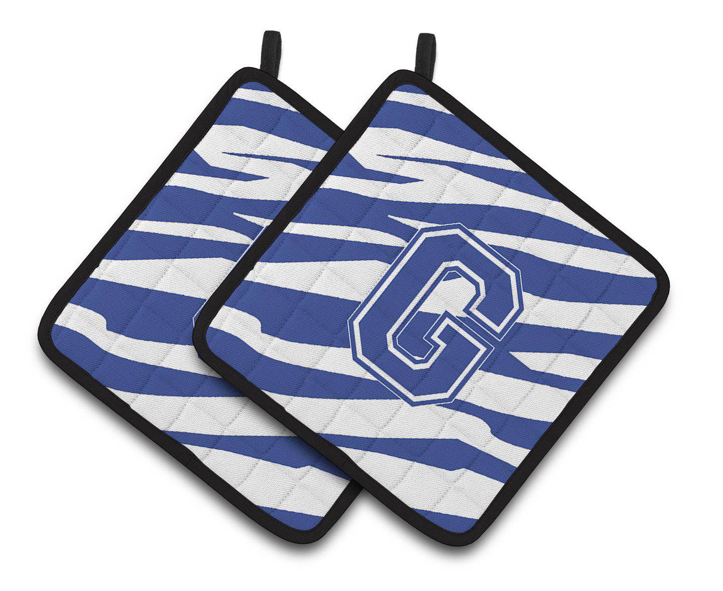 Monogram Initial G Tiger Stripe Blue and White Pair of Pot Holders CJ1034-GPTHD - the-store.com
