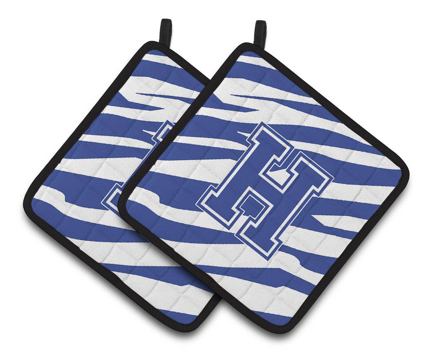 Monogram Initial H Tiger Stripe Blue and White Pair of Pot Holders CJ1034-HPTHD - the-store.com