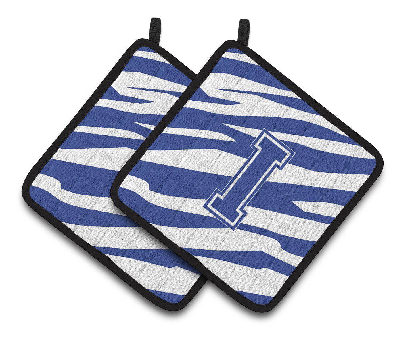 Monogram Initial I Tiger Stripe Blue and White Pair of Pot Holders CJ1034-IPTHD - the-store.com