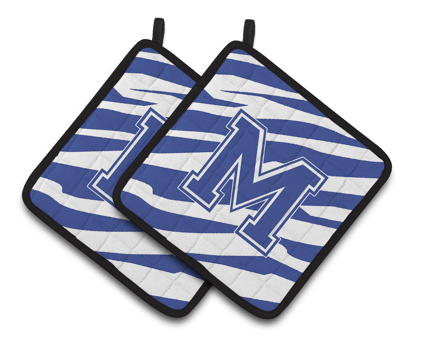 Monogram Initial M Tiger Stripe Blue and White Pair of Pot Holders CJ1034-MPTHD - the-store.com