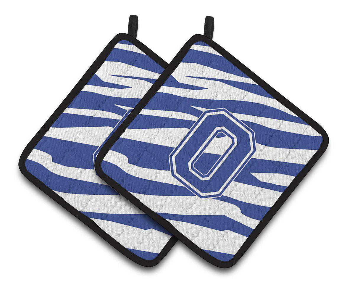 Monogram Initial O Tiger Stripe Blue and White Pair of Pot Holders CJ1034-OPTHD - the-store.com