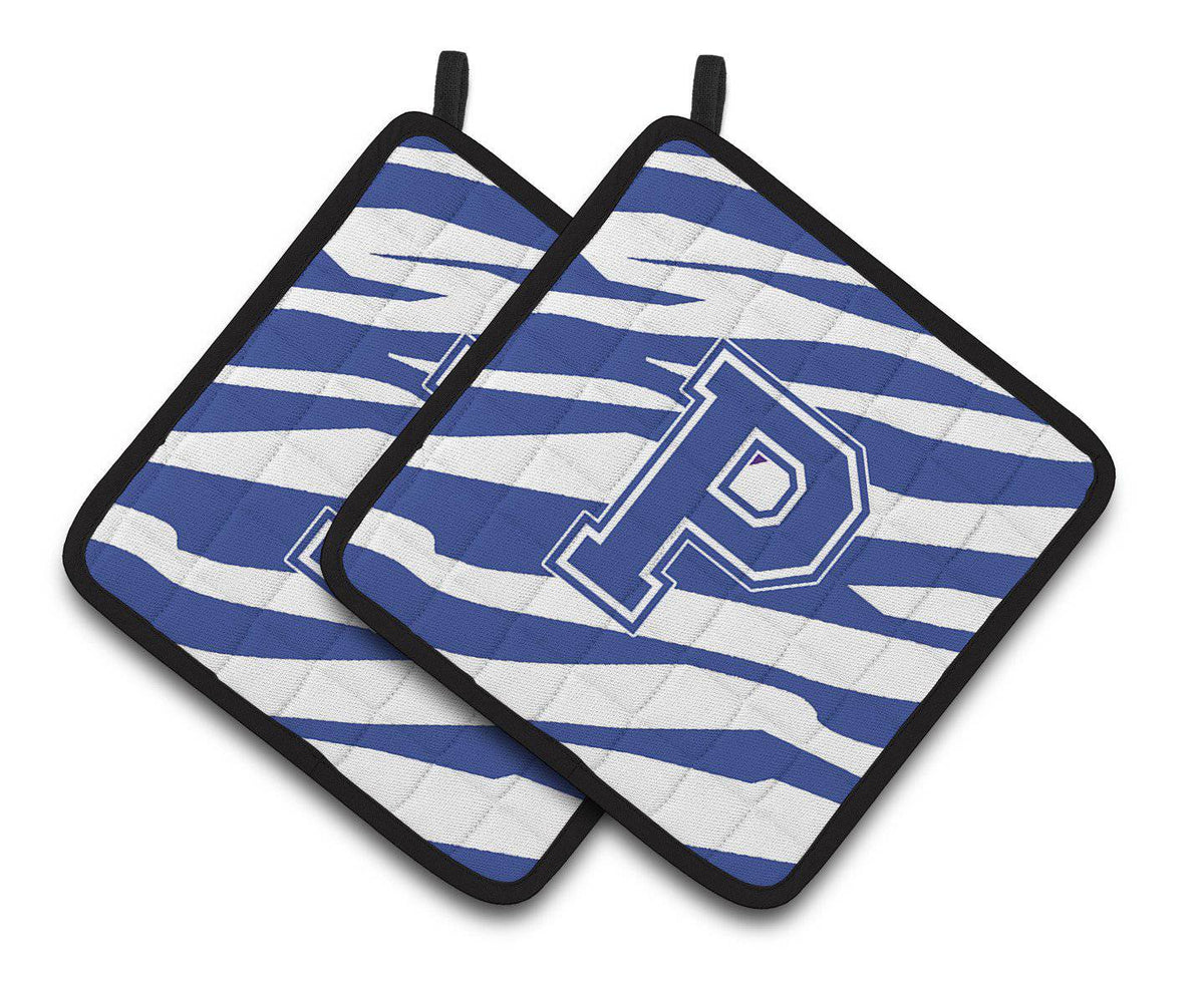 Monogram Initial P Tiger Stripe Blue and White Pair of Pot Holders CJ1034-PPTHD - the-store.com