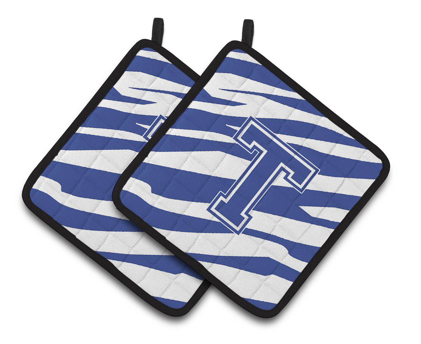 Monogram Initial T Tiger Stripe Blue and White Pair of Pot Holders CJ1034-TPTHD - the-store.com