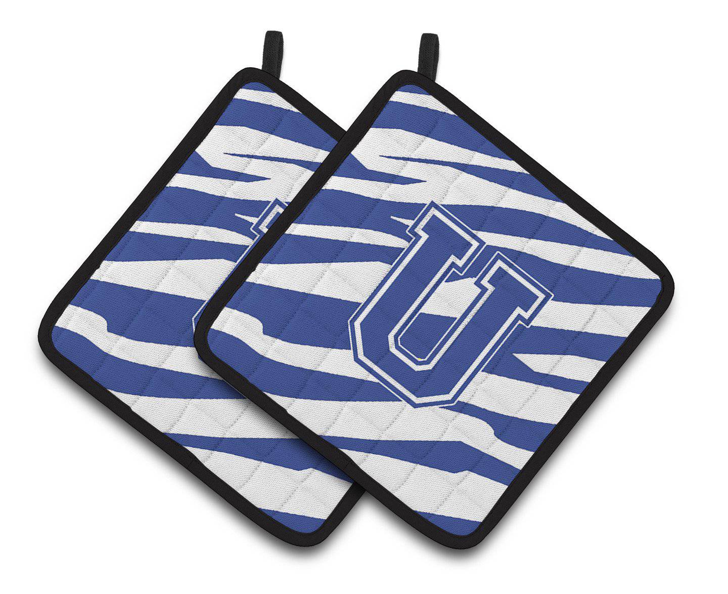 Monogram Initial U Tiger Stripe Blue and White Pair of Pot Holders CJ1034-UPTHD - the-store.com
