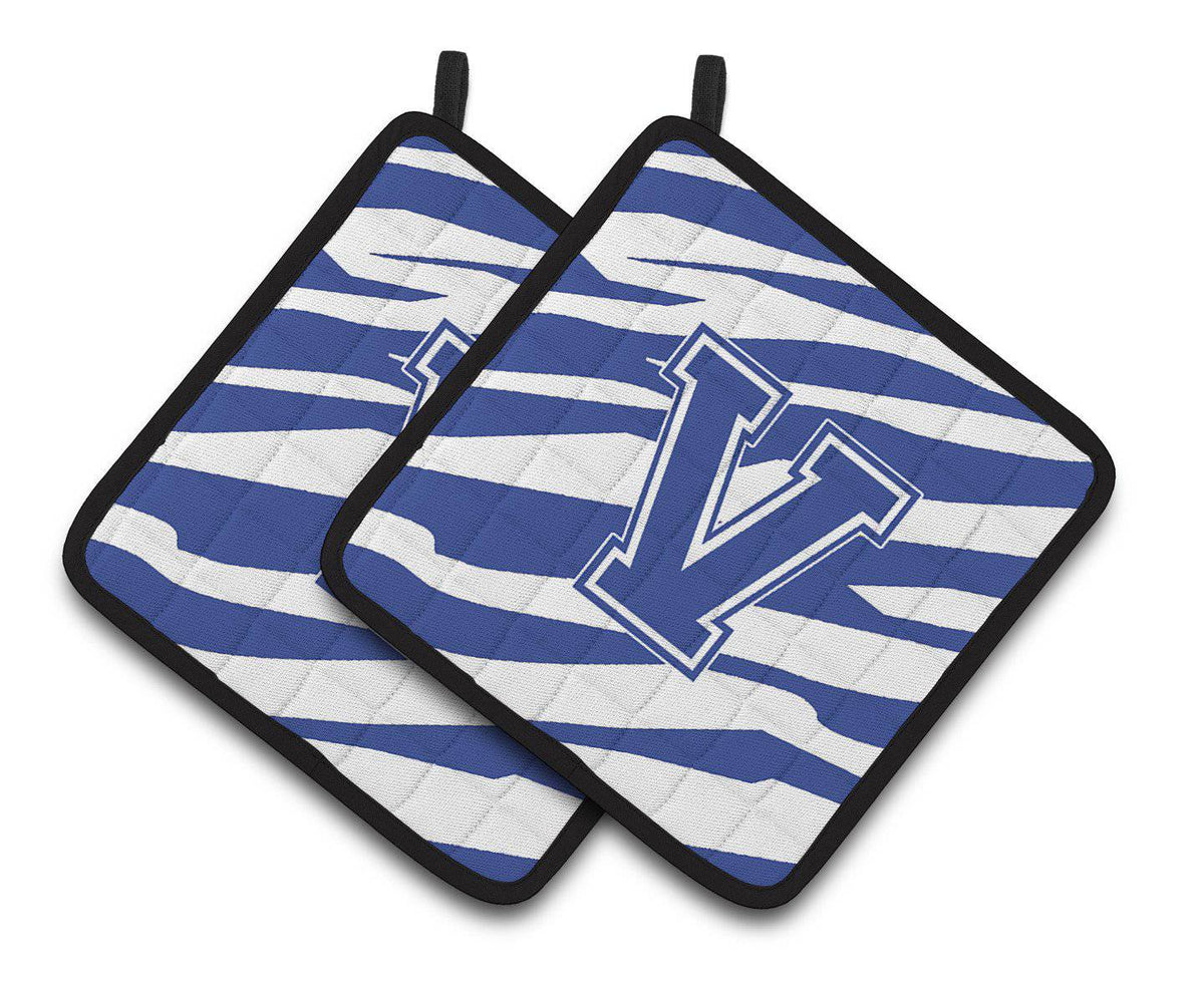 Monogram Initial V Tiger Stripe Blue and White Pair of Pot Holders CJ1034-VPTHD - the-store.com