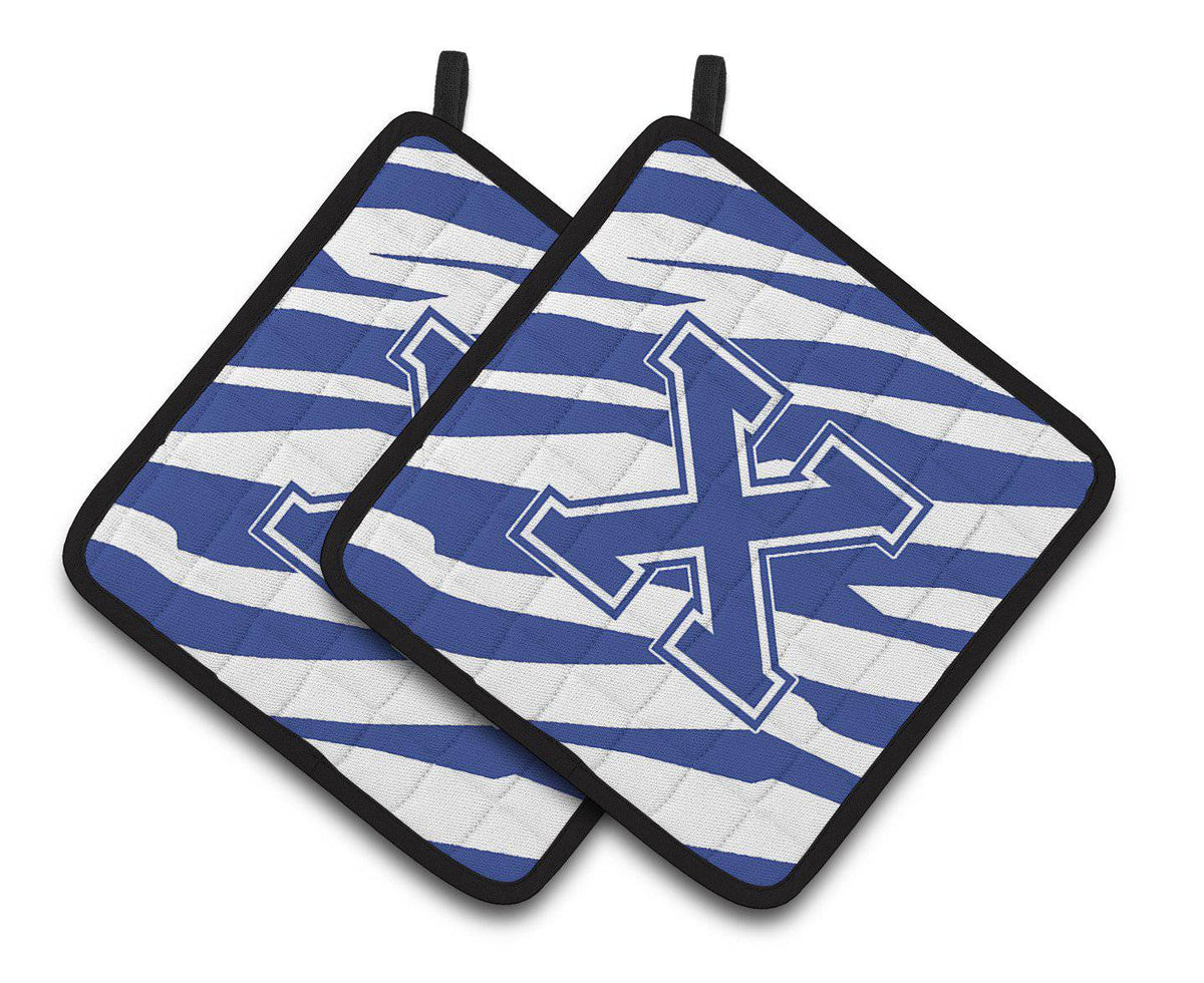 Monogram Initial X Tiger Stripe Blue and White Pair of Pot Holders CJ1034-XPTHD - the-store.com