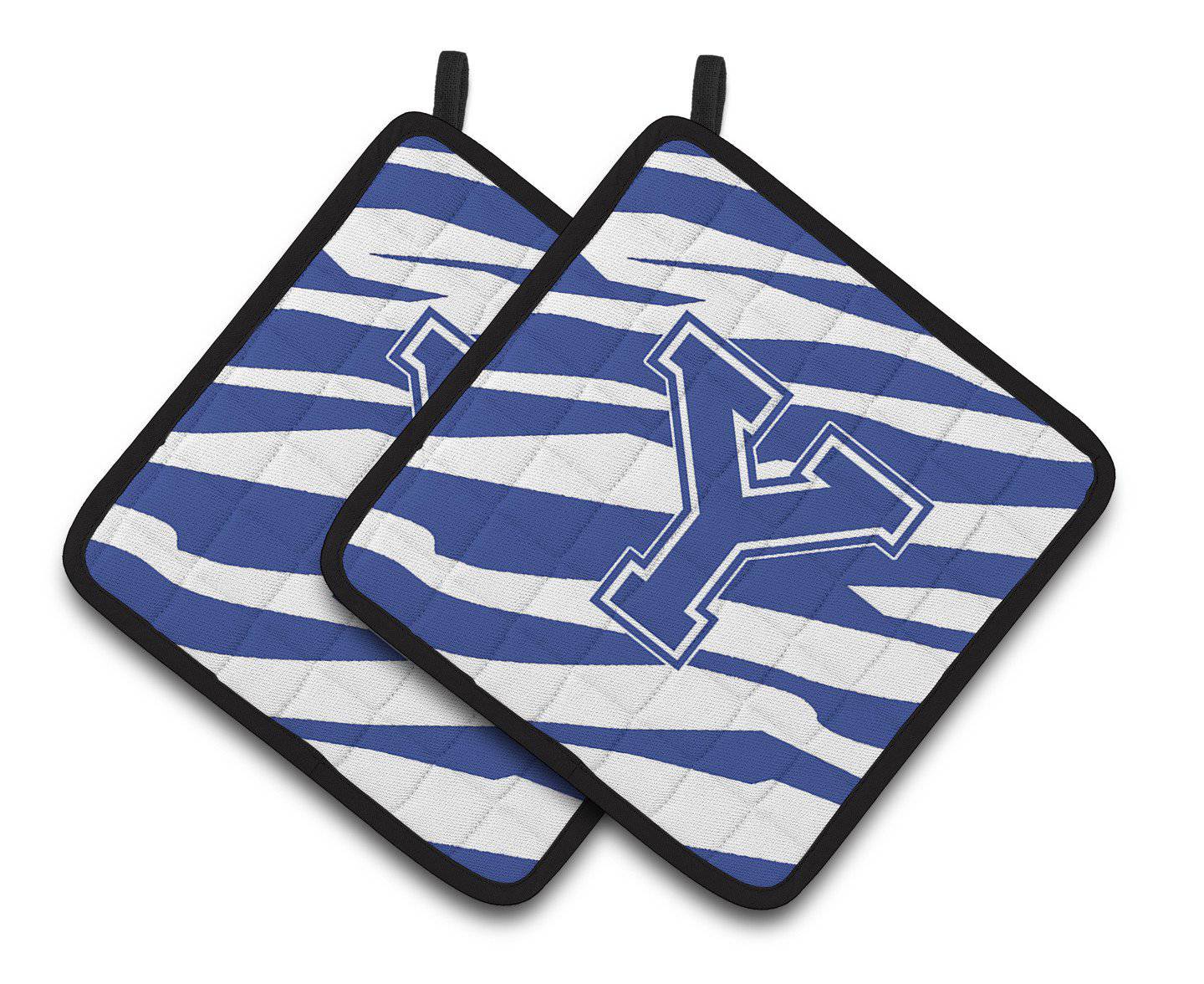 Monogram Initial Y Tiger Stripe Blue and White Pair of Pot Holders CJ1034-YPTHD - the-store.com