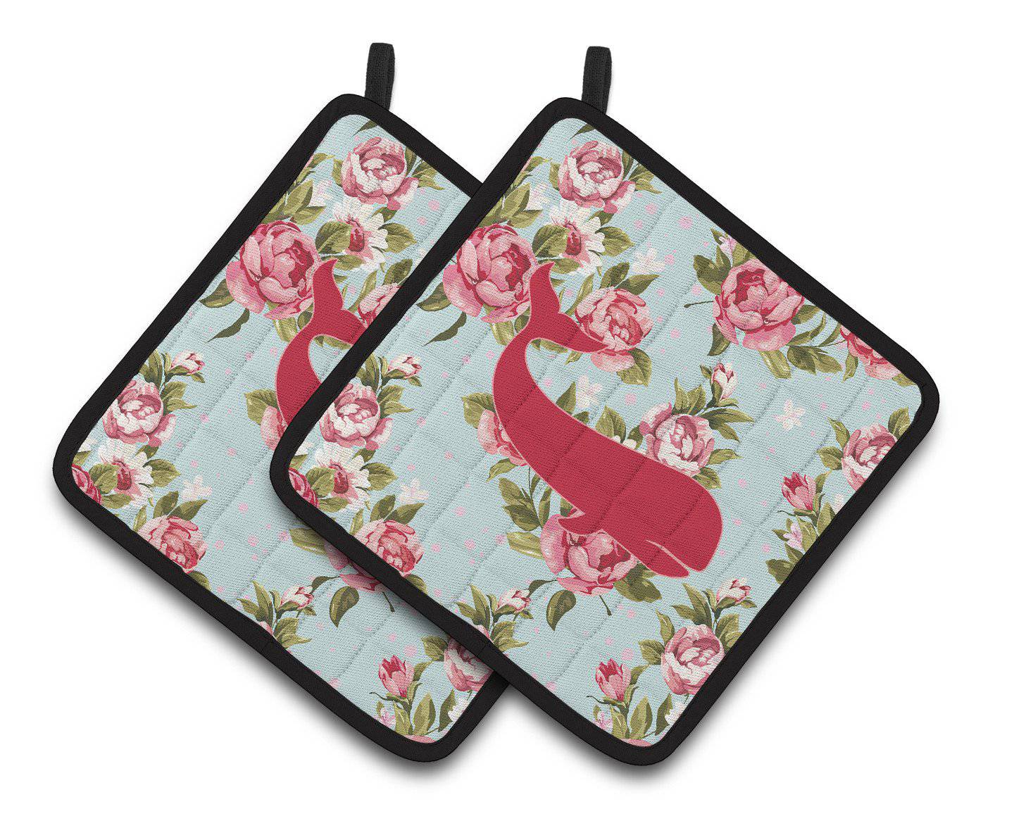 Whale Shabby Chic Blue Roses   Pair of Pot Holders BB1021-RS-BU-PTHD - the-store.com