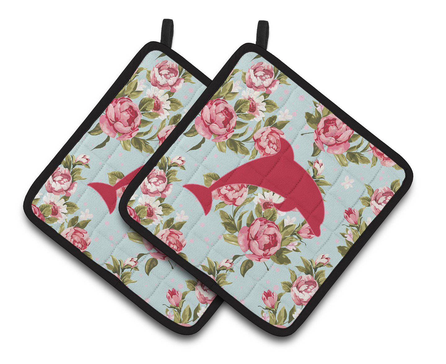 Dolphin Shabby Chic Blue Roses   Pair of Pot Holders BB1025-RS-BU-PTHD - the-store.com