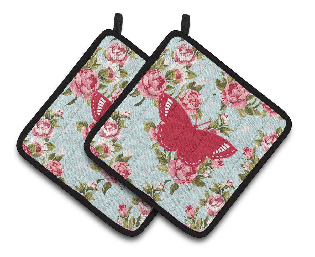 Butterfly Shabby Chic Blue Roses   Pair of Pot Holders BB1029-RS-BU-PTHD - the-store.com