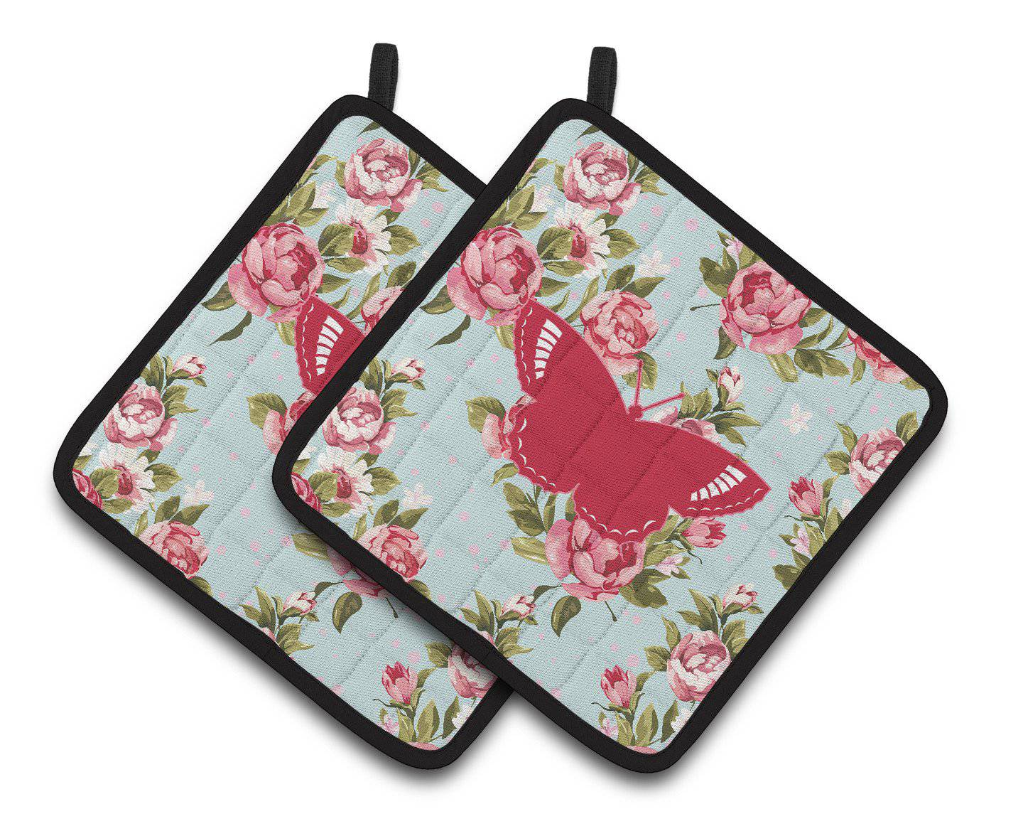 Butterfly Shabby Chic Blue Roses   Pair of Pot Holders BB1029-RS-BU-PTHD - the-store.com