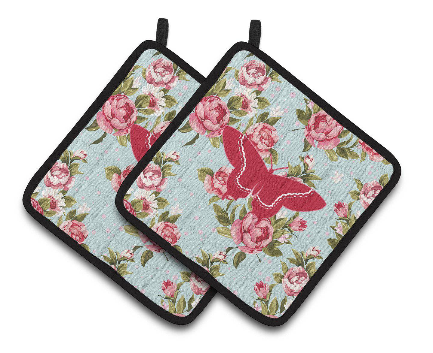Butterfly Shabby Chic Blue Roses   Pair of Pot Holders BB1030-RS-BU-PTHD - the-store.com