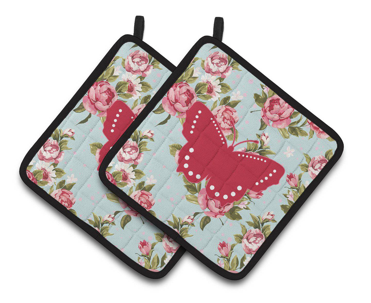 Butterfly Shabby Chic Blue Roses   Pair of Pot Holders BB1033-RS-BU-PTHD - the-store.com