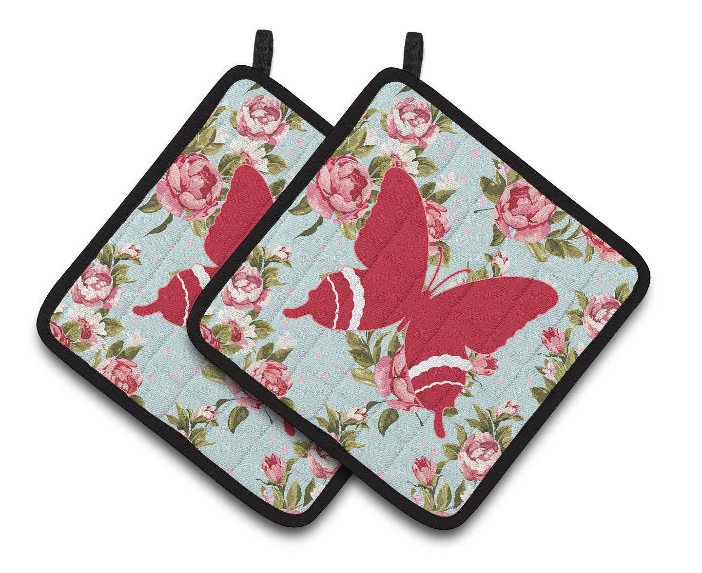 Butterfly Shabby Chic Blue Roses   Pair of Pot Holders BB1034-RS-BU-PTHD - the-store.com