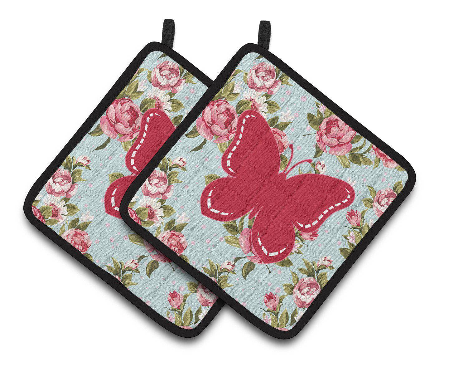 Butterfly Shabby Chic Blue Roses   Pair of Pot Holders BB1035-RS-BU-PTHD - the-store.com