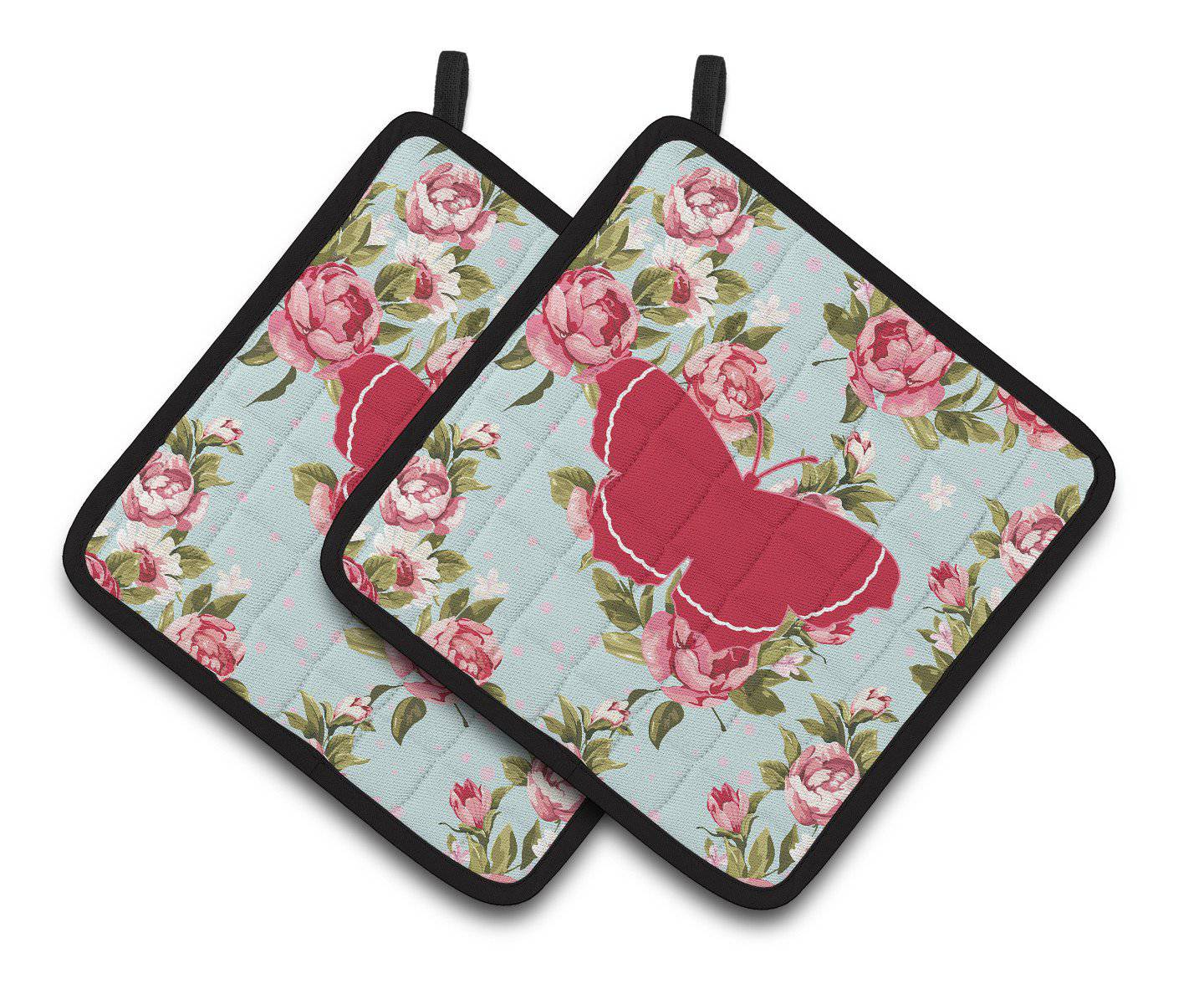 Butterfly Shabby Chic Blue Roses   Pair of Pot Holders BB1037-RS-BU-PTHD - the-store.com