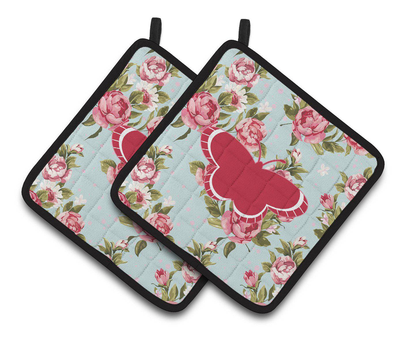 Butterfly Shabby Chic Blue Roses   Pair of Pot Holders BB1039-RS-BU-PTHD - the-store.com