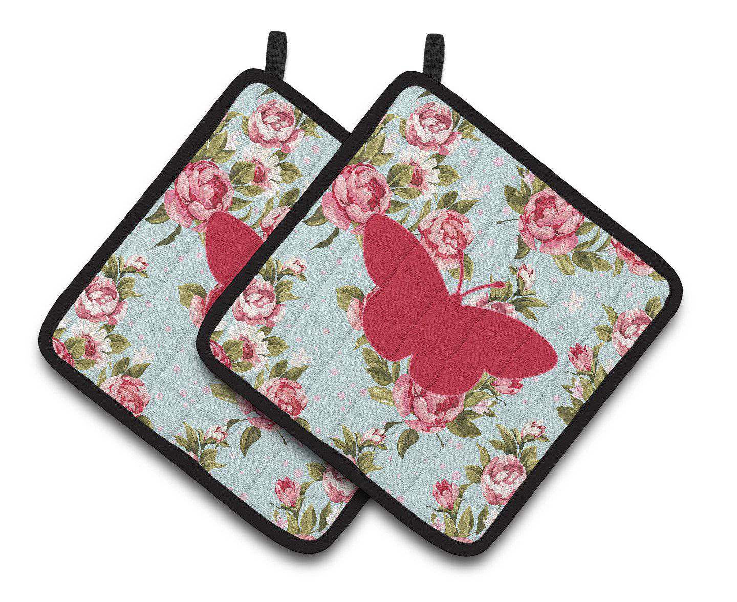 Butterfly Shabby Chic Blue Roses   Pair of Pot Holders BB1044-RS-BU-PTHD - the-store.com