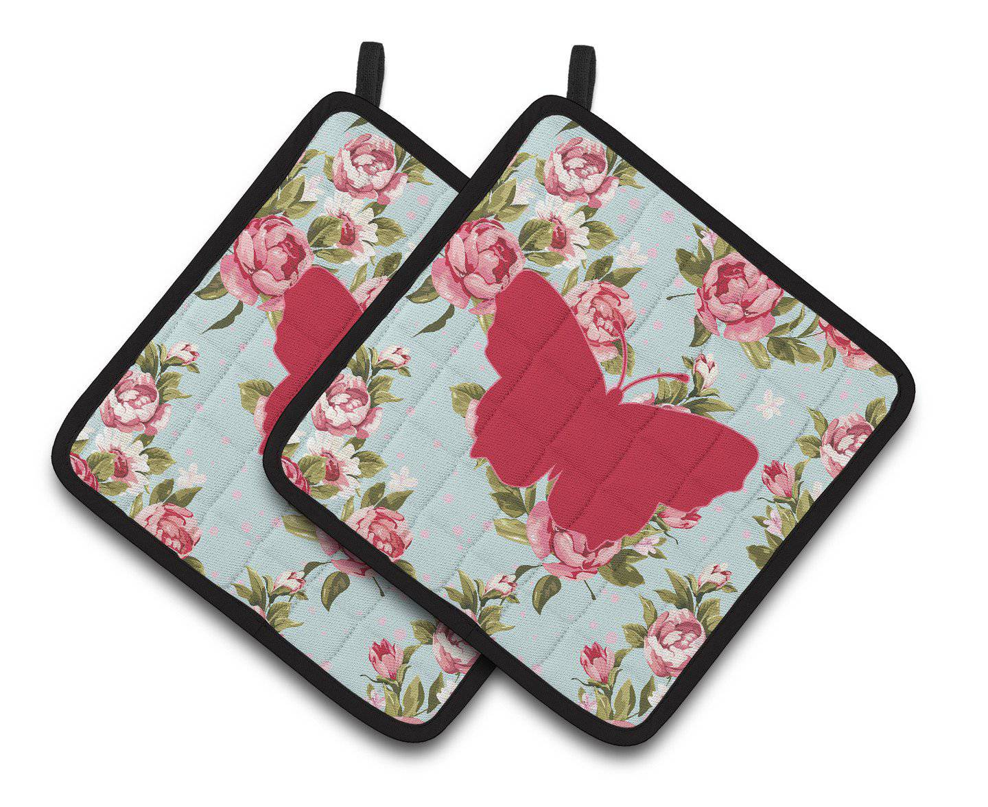 Butterfly Shabby Chic Blue Roses   Pair of Pot Holders BB1045-RS-BU-PTHD - the-store.com