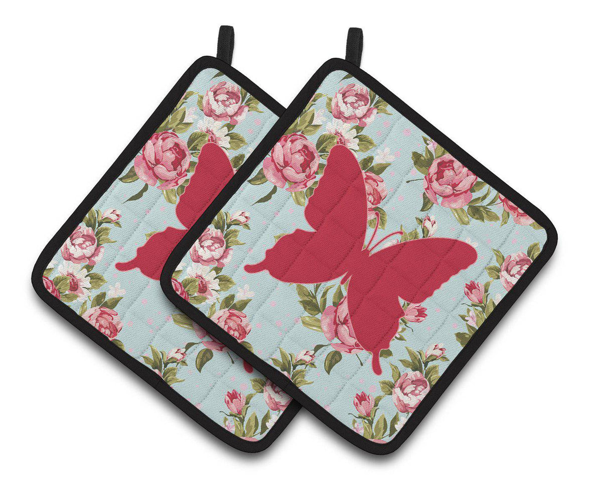 Butterfly Shabby Chic Blue Roses   Pair of Pot Holders BB1046-RS-BU-PTHD - the-store.com