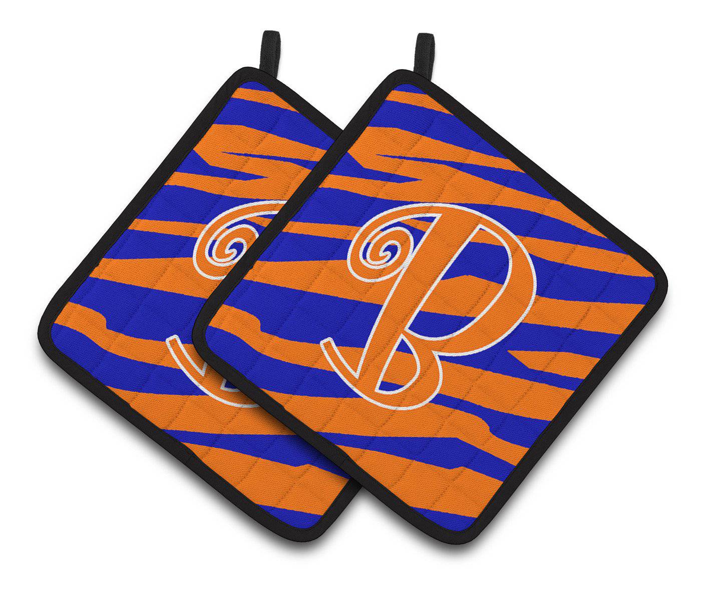 Monogram Initial B Tiger Stripe Blue and Orange Pair of Pot Holders CJ1036-BPTHD - the-store.com