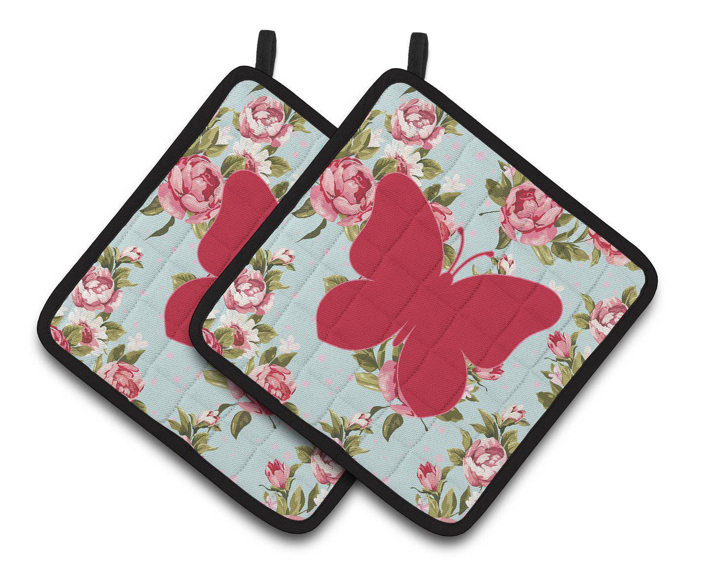 Butterfly Shabby Chic Blue Roses   Pair of Pot Holders BB1047-RS-BU-PTHD - the-store.com