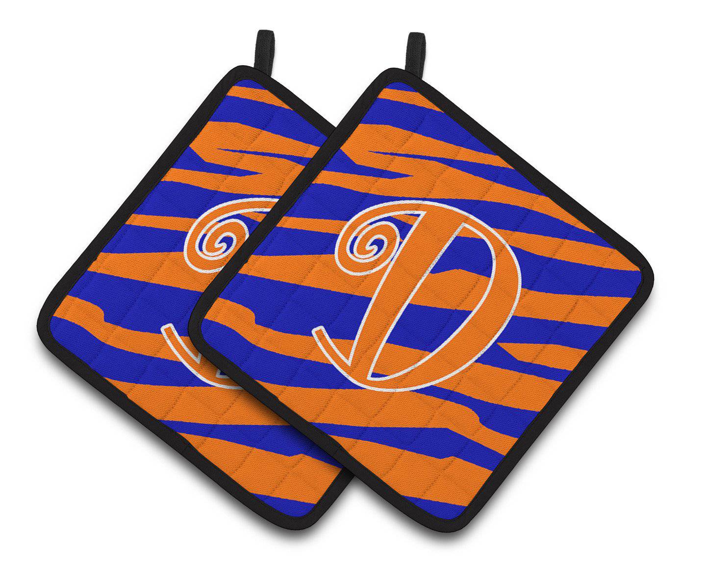 Monogram Initial D Tiger Stripe Blue and Orange Pair of Pot Holders CJ1036-DPTHD - the-store.com